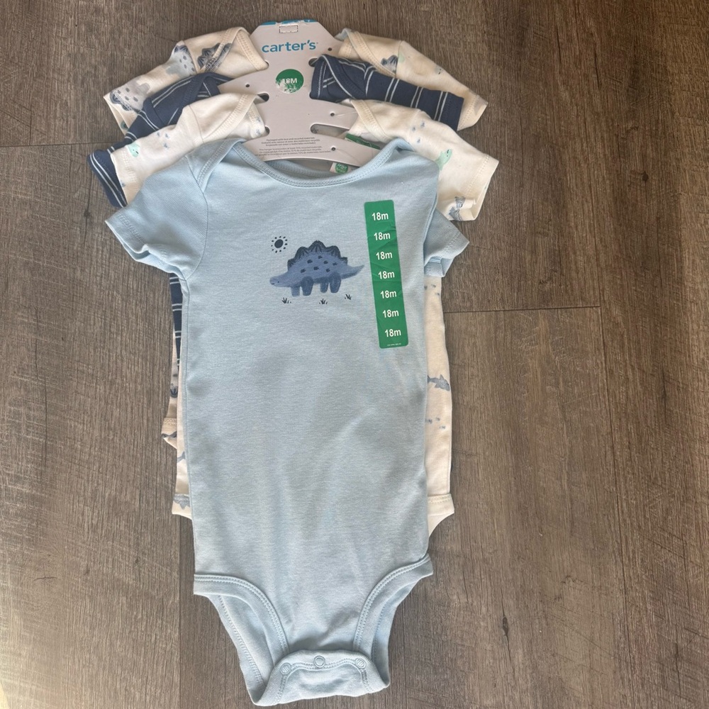 Carter's Baby 4-pack Blue Body Suit Dinosaur. Size 18M, 100% Cotton